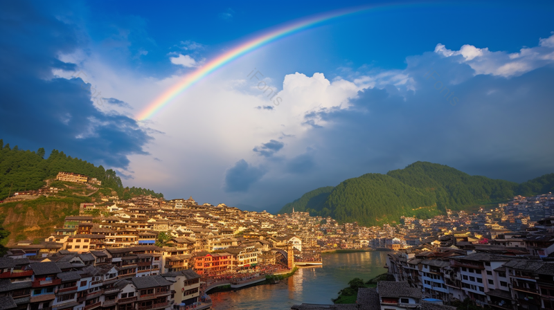 凤凰古城彩虹古建蓝天白云,高清,摄影图,摄影图片,图片大全,摄影图免费下载